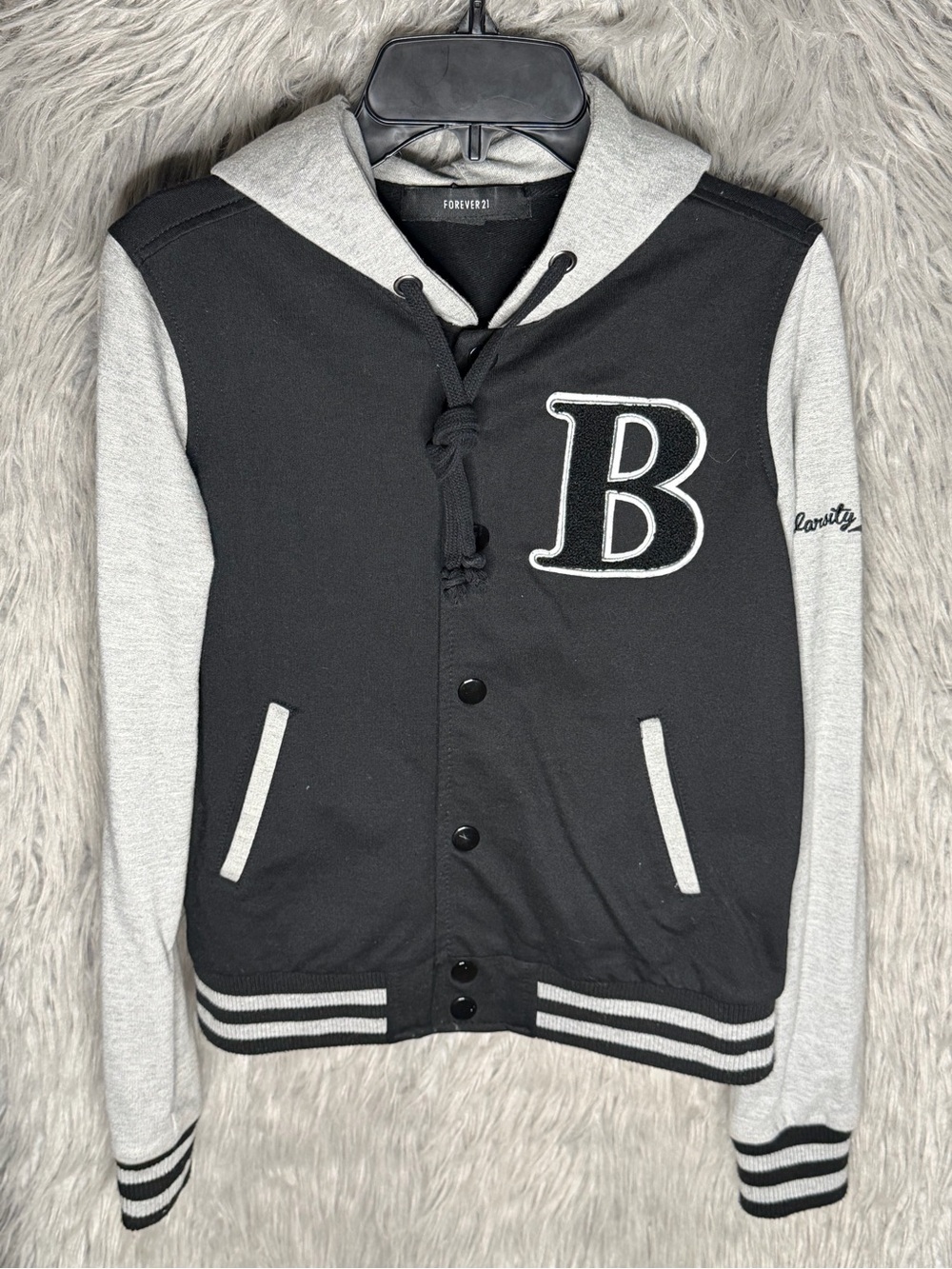 Forever 21 Black and Gray Varsity Hoodie Jacket with 'B' Patch